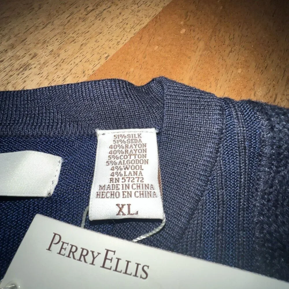 NWT Perry Ellis Men's Blue Silk/Rayon Pullover Sweater‎ Crew Neck Long Sleeve XL